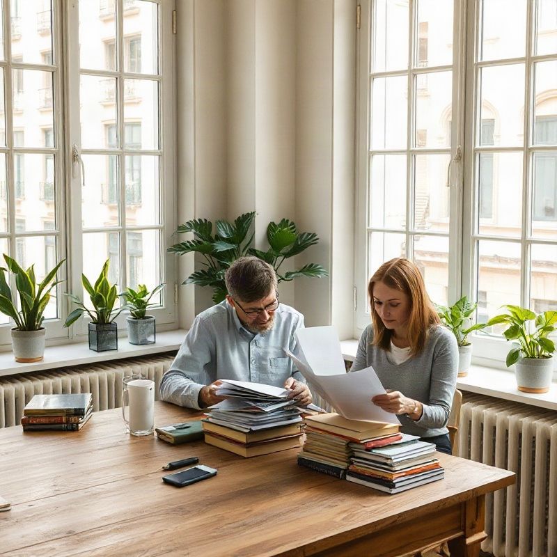Dos editores revisando páginas impresas en una sala con ventanas altas