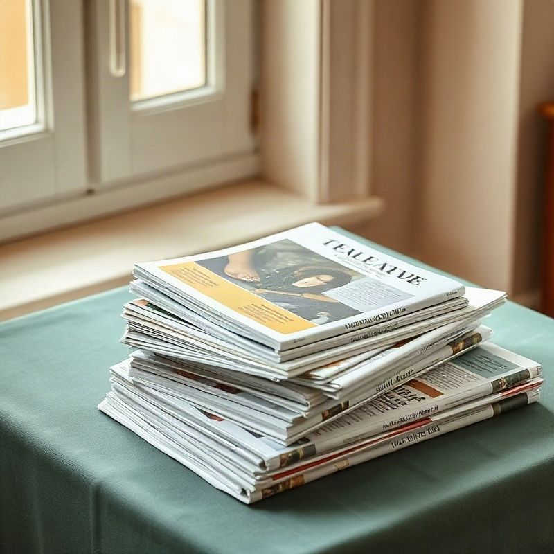 Revistas impresas y diarios ordenados sobre una tela color esmeralda